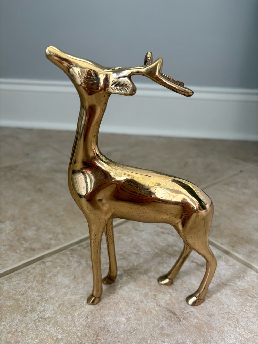 Vintage MCM solid shiny Brass Deer figurine 9 inches tall